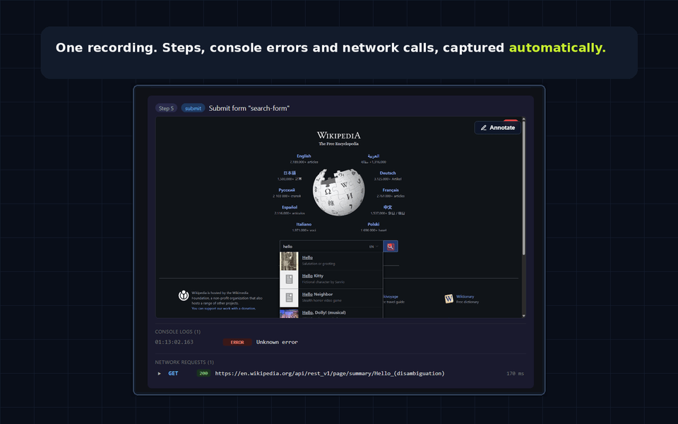 Generated bug report step showing a page screenshot with an Annotate button, plus captured console log and network request panels below it