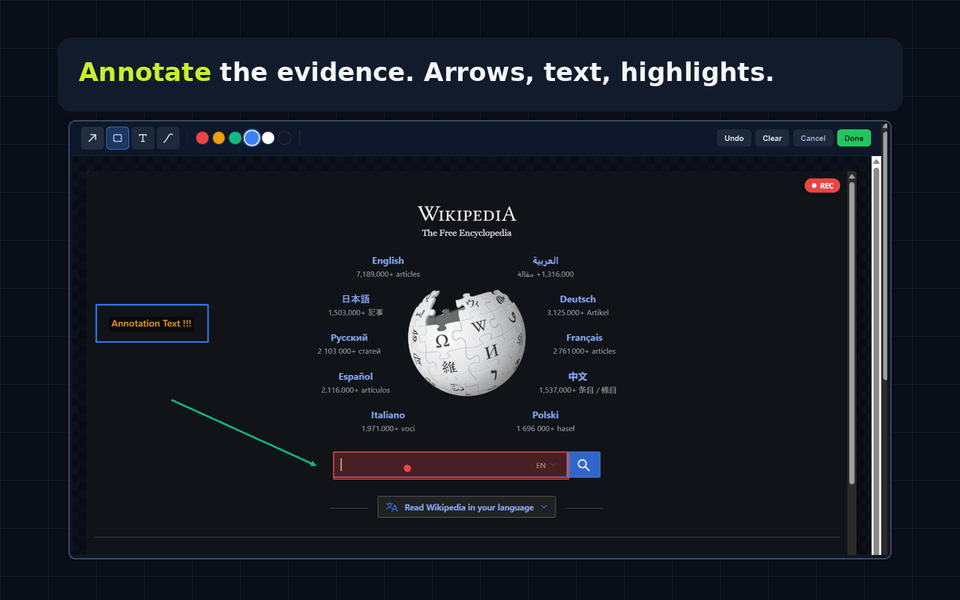 Screenshot annotation editor with arrow, text-box, and shape tools, showing an arrow pointing at a highlighted search box with an annotation text label