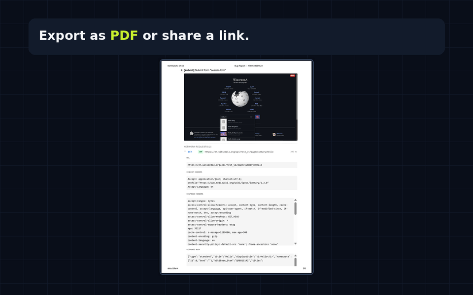 Exported PDF bug report page showing a step screenshot alongside its network request details, including headers and response body
