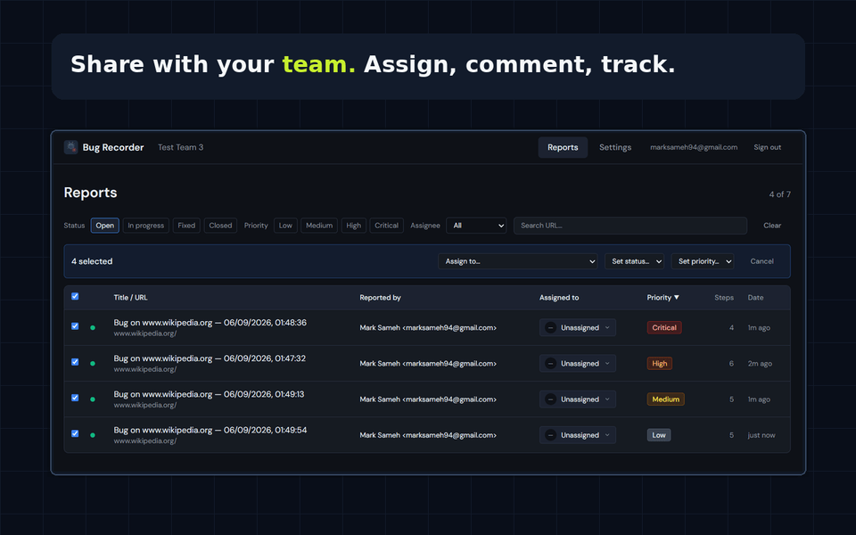 Team dashboard reports table with status and priority filters, showing four open bug reports with assignee and priority columns
